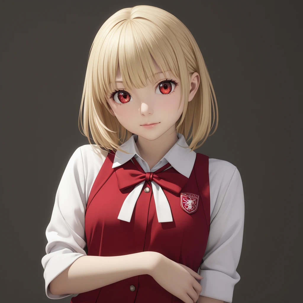 Blonde hair and red eyed girl posing for a photo, Chisato Nishikigi, front facing, photorealistic girl rendering, Fate/Stay Night-like style, cute 3D girl rendering, female The main character wears a red school uniform.