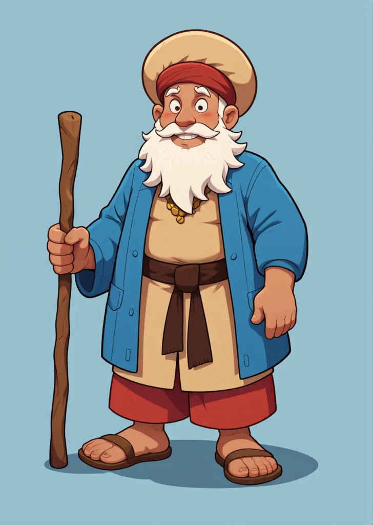 Create a fun fairy tale character design inspired by an old wise man. He is cheerful and chubby, with a large round Middle Eastern turban. He has a bushy white beard and a friendly smile on his face. He is dressed in a loose blue robe over a cream-coloured shirt and a brown sash belt paired with a bright red shalwar. He holds a rustic wooden walking stick. 