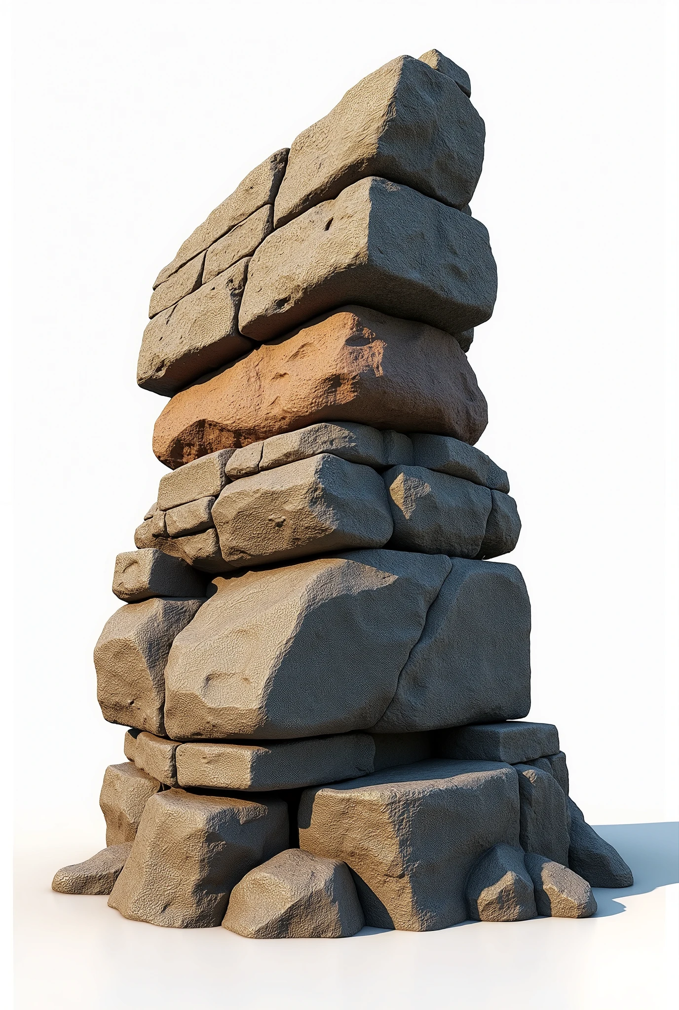   3D game model of A Very Old Rock   (  like Gnaisse Acasta ) with visible layers , , realism,  large scale details original size of 200 square meters,  3D rendering on a white background as a 3D representation reference game dev