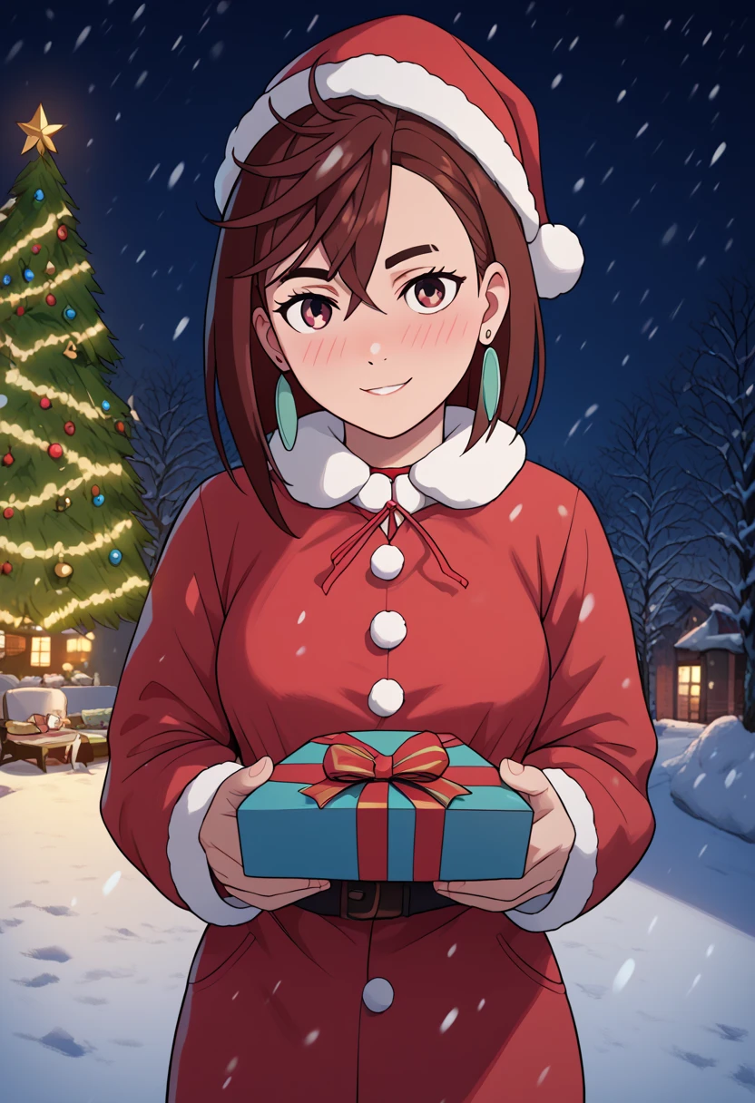 momo ayase, short hair, brown hair, brown eyes, bangs, thick eyebrows, medium breasts, earrings, complex background:1.2), full-face blush, smile, looking at viewers, detailed light, long hair, cowboy shot, winter coat, tilt head, incoming gift, box, (outdoor, winter, snow, night) SOLO, 1girl, bra, RED FACE, santa claus costume, chrismast concept, CHRISMAST CONCEPT, holiday theme, holiday costume, winter, outdoor, christmas tree, santa claus costume, santa claus hat, WINTER, snowing, snow, SNOWING,
