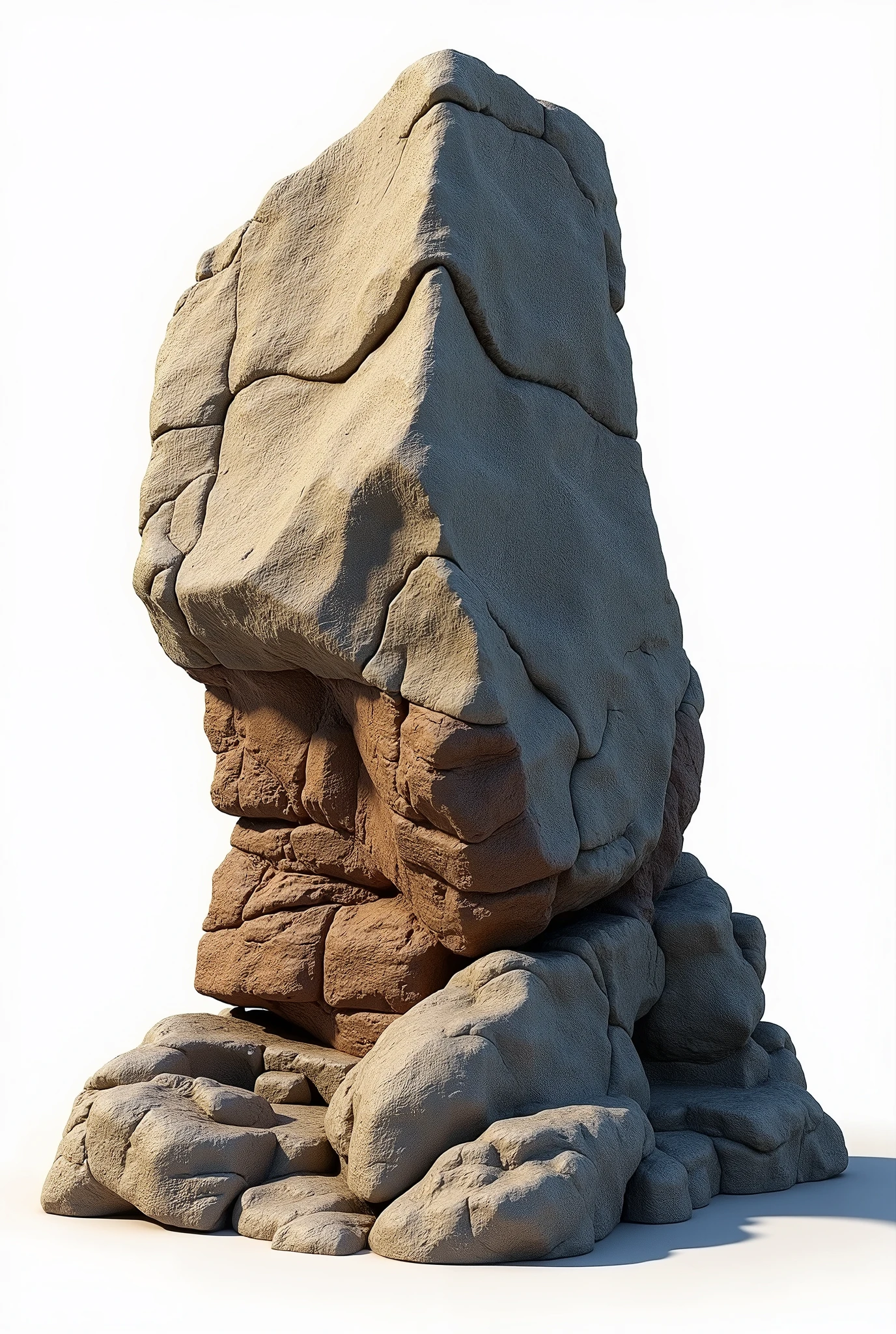   3D game model of A Very Old Rock   (  like Gnaisse Acasta ) with visible layers , , realism,  large scale details original size of 200 square meters,  3D rendering on a white background as a 3D representation reference game dev