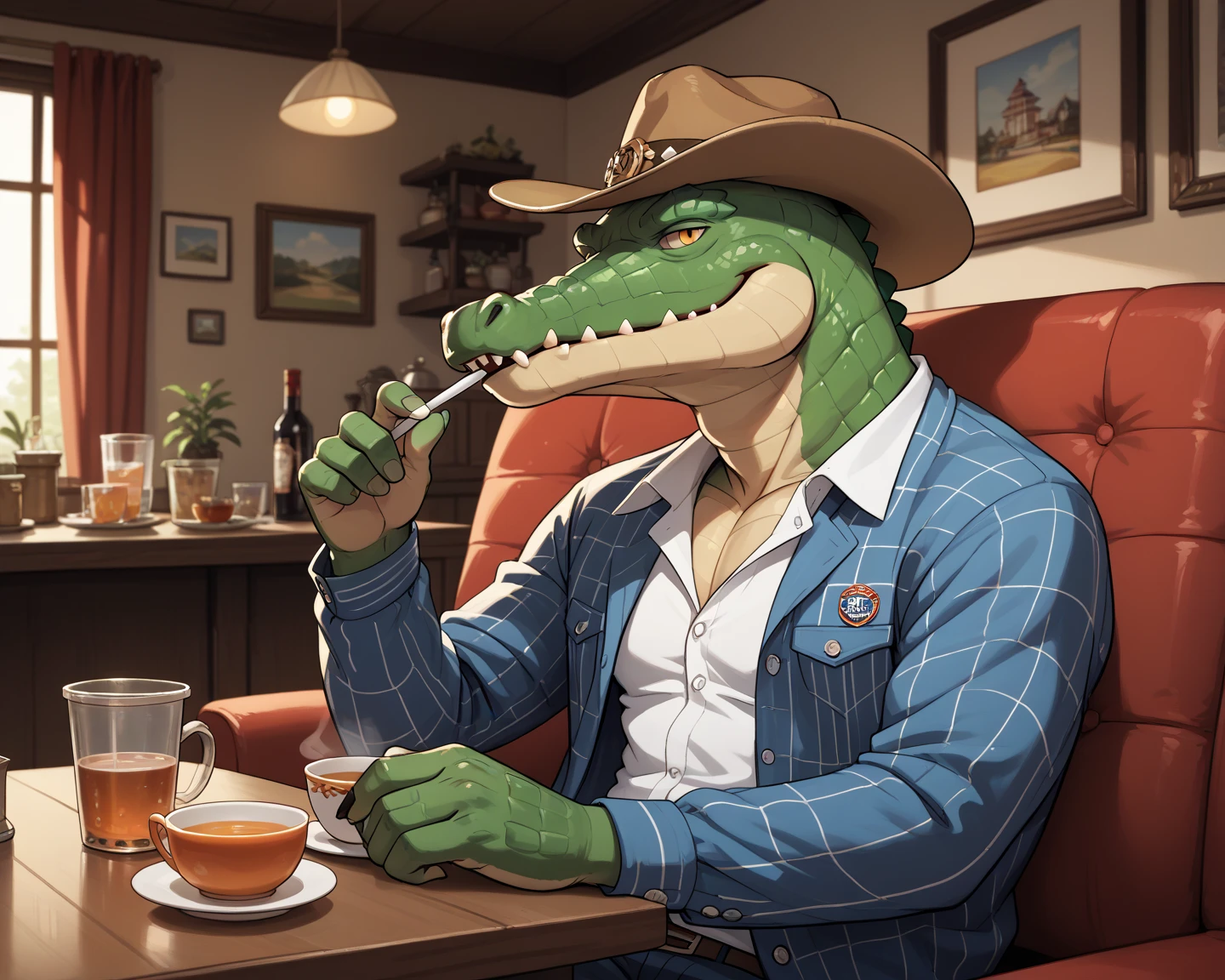 
Crocodile head man wearing formula and cowboy hat sitting sipping tea, luxury room background