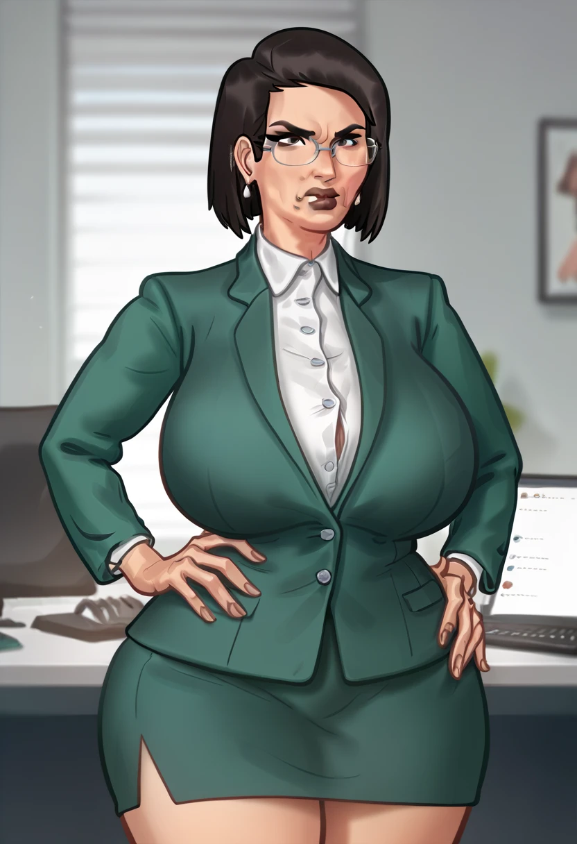 Female,milf,mature,46 years old, medium bob hairstyle ,black hair,grey glasses, angry face,green blazer,green pencil skirt, gigantic , gigantic ass,a manager office room,front view,brown lipstick,both hand on hips,perfect face,having sex,dick thrusting pussy,