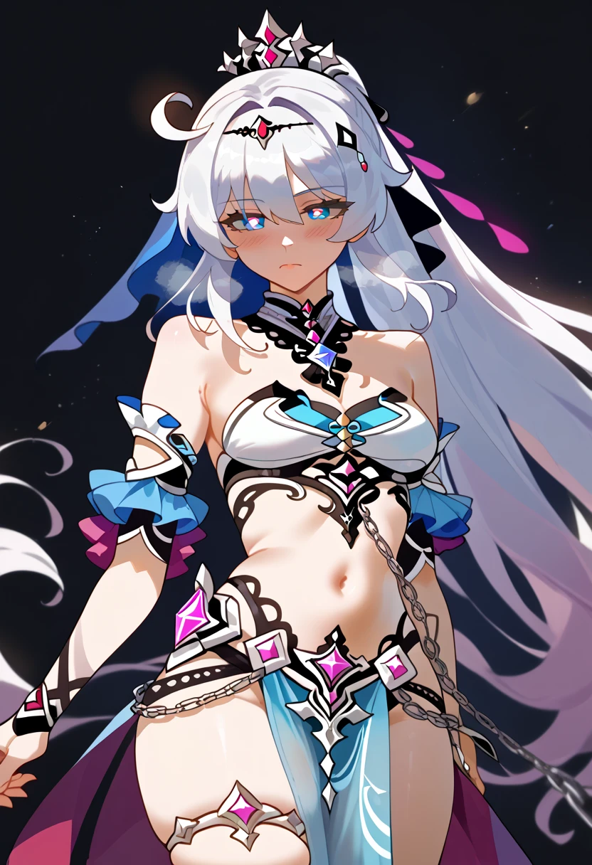 score_9, score_8_up, score_7_up, masterpiece, best quality, very aesthetic, absurdres, 1girl, adult grown woman, solo, kiana kaslana \(honkai impact 3rd\), herrscher of finality, white hair, ahoge, ponytail, very long hair, blue eyes, symbol-shaped pupils, blush, closed mouth, heavy breathing, dancer outfit, bodysuit, Belly dancer outfit, turban, bracer, brooch, neck ring, circlet, veil, mouth veil, pelvic curtain, stomach, sash, thighlet, chain in body, black background,