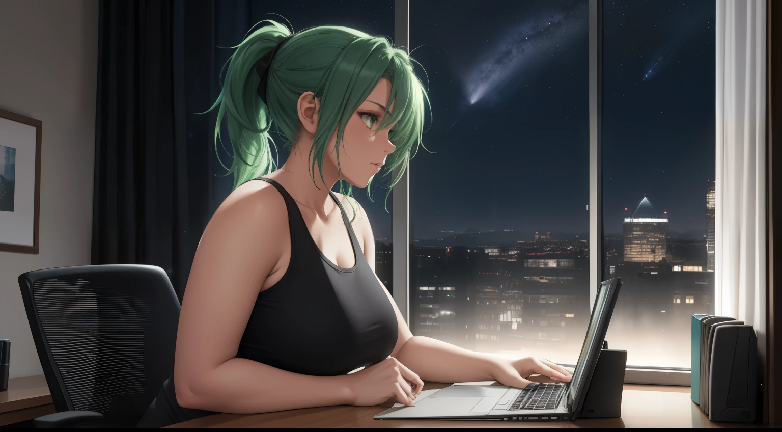 A young woman with green hair tied in a ponytail is sitting in front of a computer screen, deeply focused on coding. The camera angle captures her from the side, showcasing her white tank top and black leggings. The desk is tidy, holding a steaming cup of coffee next to the keyboard, while a few organized items, such as notebooks and a pen holder, rest nearby. The background reveals a large window with a nighttime cityscape, illuminated by a soft moonlight glow and scattered stars. A slight breeze flows through the sheer curtains, adding movement to the scene. The room's warm lighting contrasts beautifully with the cool tones of the night outside. Her posture is relaxed yet engaged, highlighting her dedication to her work."