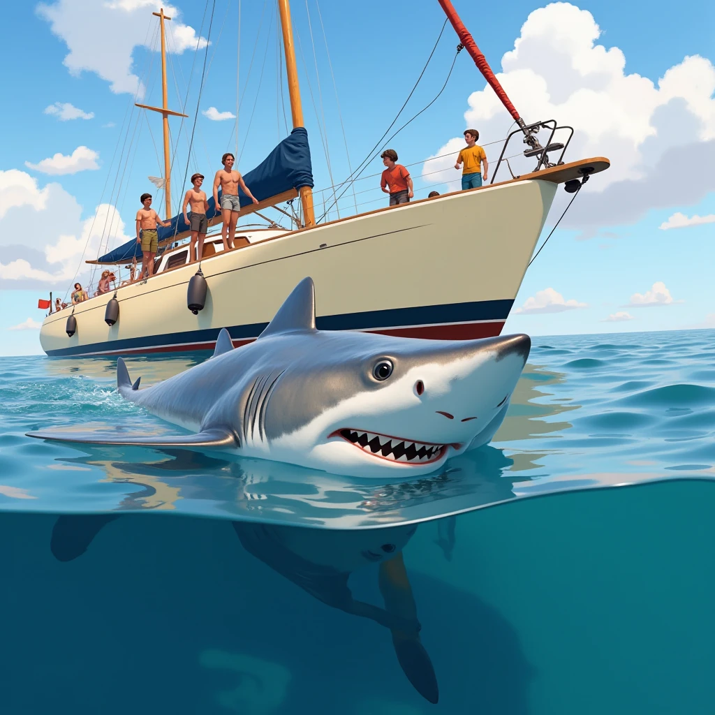 General shot of a smiling shark next to a sailboat, people and ren dressed in fishing clothes greet the shark, The sailboat is cream-colored ,  with a red stripe on the top of the bow, , alta definición, Sunny day, calm sea,
