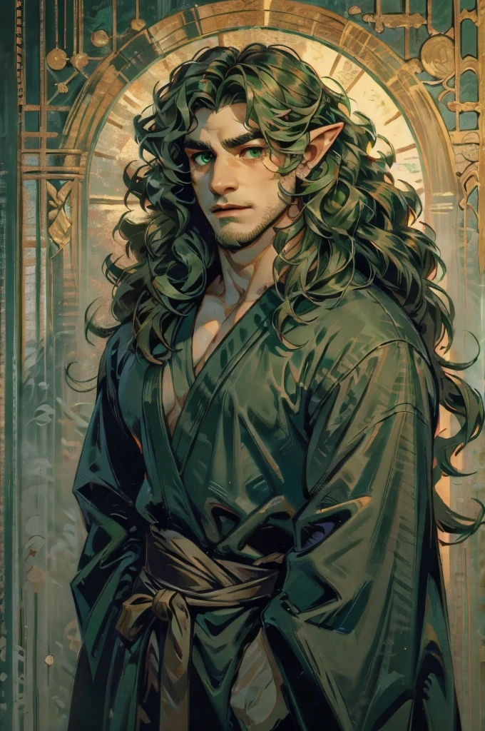 ((masterpiece)), ((one man)), man, man in late 30s, light skin, dark green eyes, detailed eyes, elve ears, dark green hair, long hair, long curly hair, ((curly hair)), curly hair, tall, handsome, mature, muscular, black kimono,
