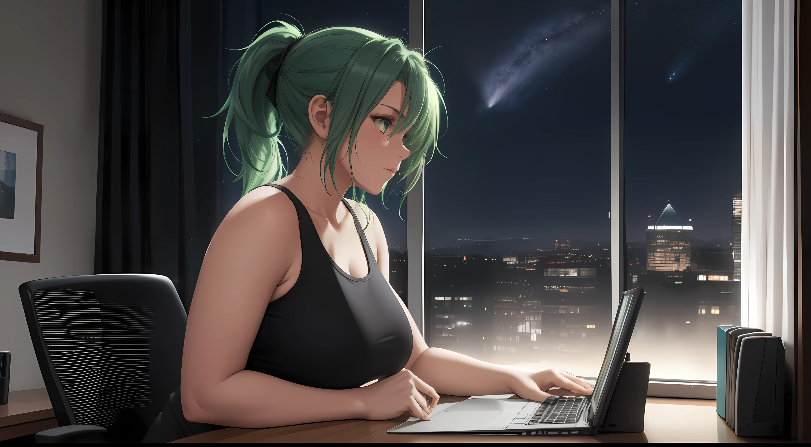 A young woman with green hair tied in a ponytail is sitting in front of a computer screen, deeply focused on coding. The camera angle captures her from the side, showcasing her white tank top and black leggings. The desk is tidy, holding a steaming cup of coffee next to the keyboard, while a few organized items, such as notebooks and a pen holder, rest nearby. The background reveals a large window with a nighttime cityscape, illuminated by a soft moonlight glow and scattered stars. A slight breeze flows through the sheer curtains, adding movement to the scene. The room's warm lighting contrasts beautifully with the cool tones of the night outside. Her posture is relaxed yet engaged, highlighting her dedication to her work."