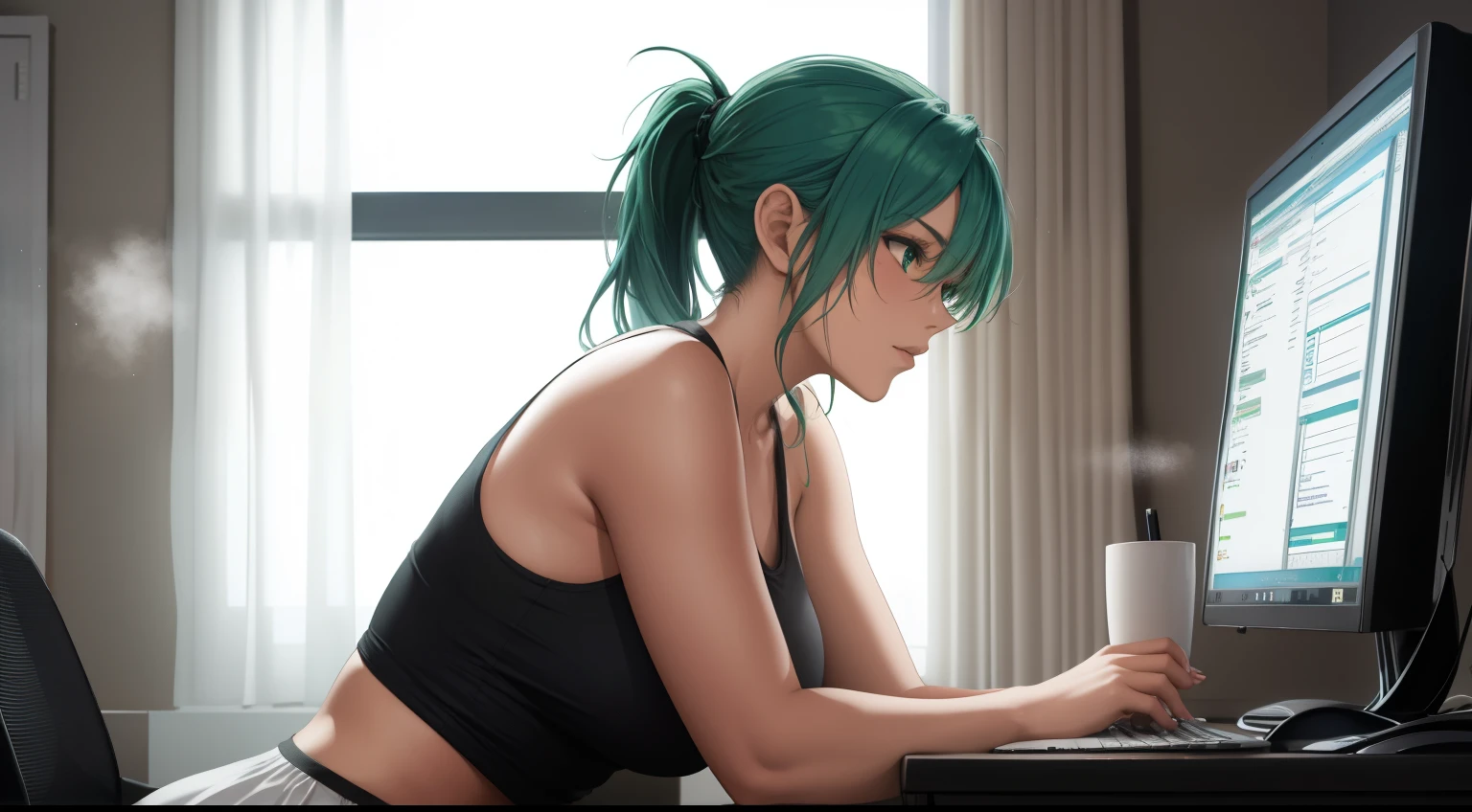 A young woman with green hair tied in a ponytail is sitting in front of a computer screen, deeply focused on coding. The camera angle captures her from the side, showcasing her white tank top and black leggings. The desk is tidy, holding a steaming cup of coffee next to the keyboard, while a few organized items, such as notebooks and a pen holder, rest nearby. The background reveals a large window with a nighttime cityscape, illuminated by a soft moonlight glow and scattered stars. A slight breeze flows through the sheer curtains, adding movement to the scene. The room's warm lighting contrasts beautifully with the cool tones of the night outside. Her posture is relaxed yet engaged, highlighting her dedication to her work."