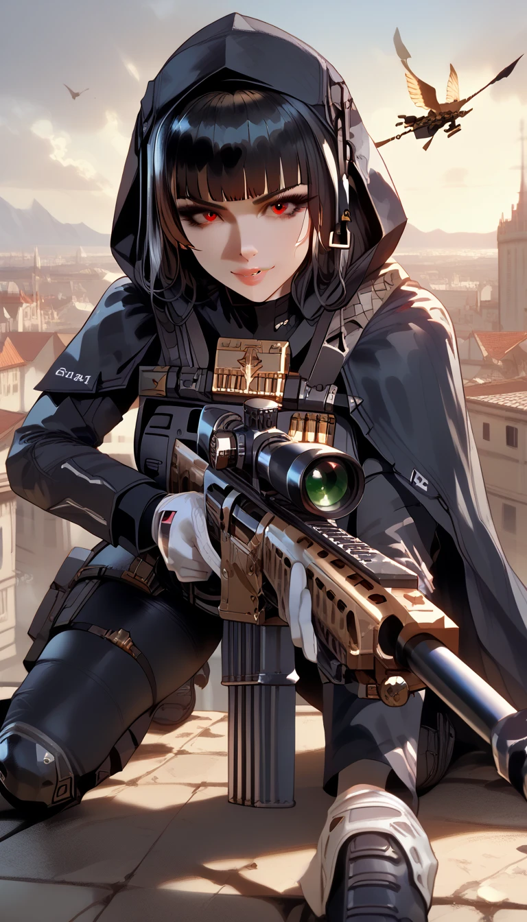 ultra-detailed, 1girl, ddef, (best quality), ((masterpiece)), (highres), 16K, perfect face, black hair, blunt bangs, red eyes, wearing hooded cloak, tactical clothes, black panties, white gloves, tactical belt, knee pads, boots, busty body, large breasts and a beautiful ass, showcasing cleavage, legs, hips, (holding Sniper Rifle), looking at viewer, smile, detailed hair, detailed full body, standing on rooftop