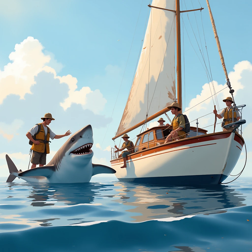 General shot of a smiling shark next to a sailboat, people and ren dressed in fishing clothes greet the shark, The sailboat is cream-colored ,  with a red stripe on the top of the bow, Sunny day, calm sea,
