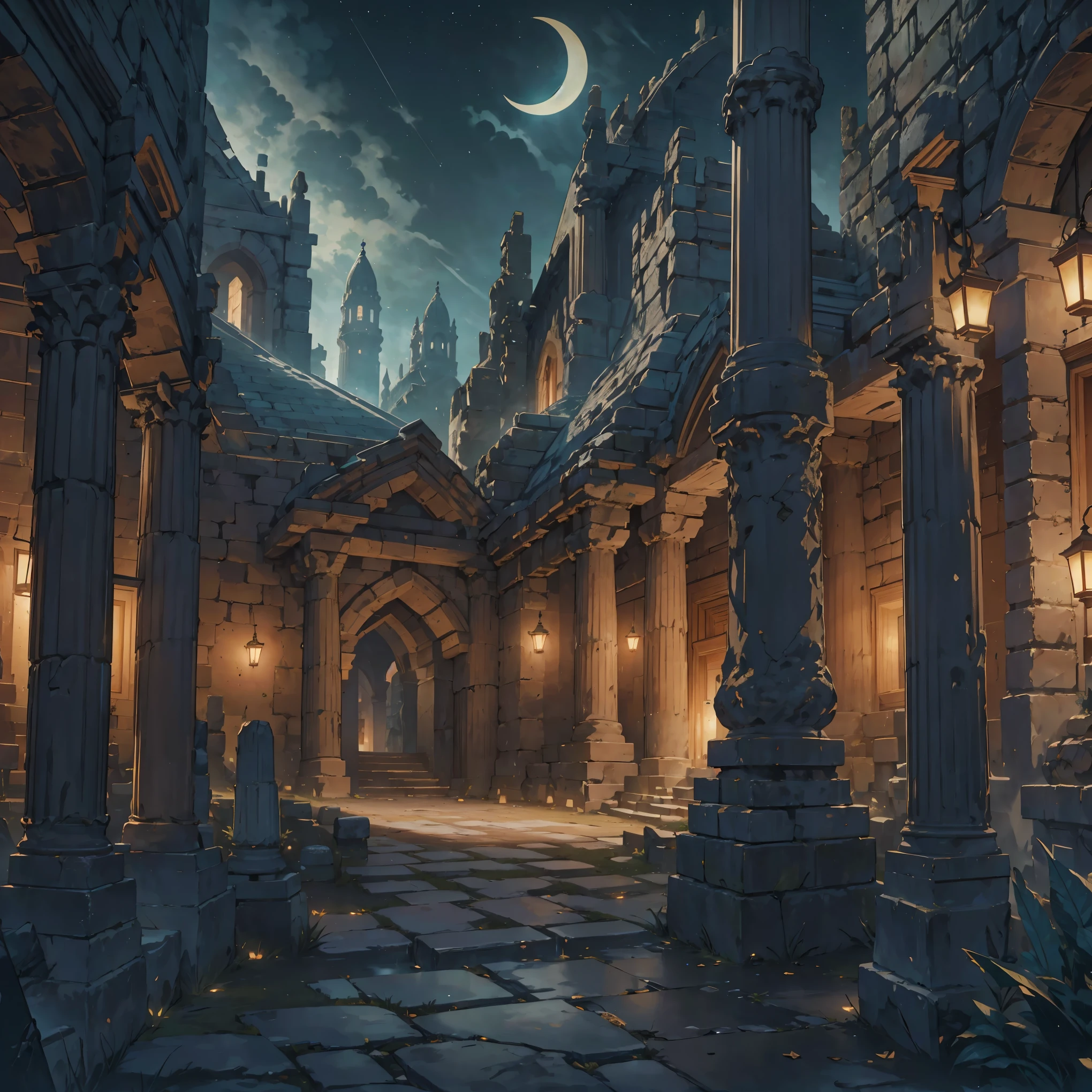 a crescent moon in the night sky of a completely dark ancient Greek city from the 1st century AD, detailed architecture, old stone buildings, cobblestone streets, lanterns glowing, stars twinkling, atmospheric lighting, dramatic chiaroscuro, photorealistic, cinematic, muted color palette, moody