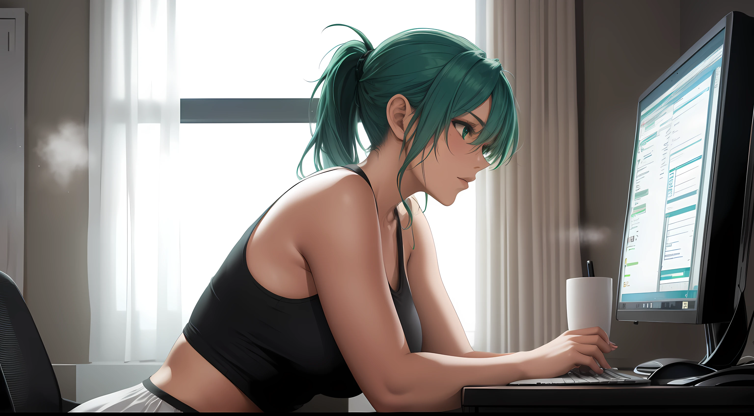 A young woman with green hair tied in a ponytail is sitting in front of a computer screen, deeply focused on coding. The camera angle captures her from the side, showcasing her white tank top and black leggings. The desk is tidy, holding a steaming cup of coffee next to the keyboard, while a few organized items, such as notebooks and a pen holder, rest nearby. The background reveals a large window with a nighttime cityscape, illuminated by a soft moonlight glow and scattered stars. A slight breeze flows through the sheer curtains, adding movement to the scene. The room's warm lighting contrasts beautifully with the cool tones of the night outside. Her posture is relaxed yet engaged, highlighting her dedication to her work."