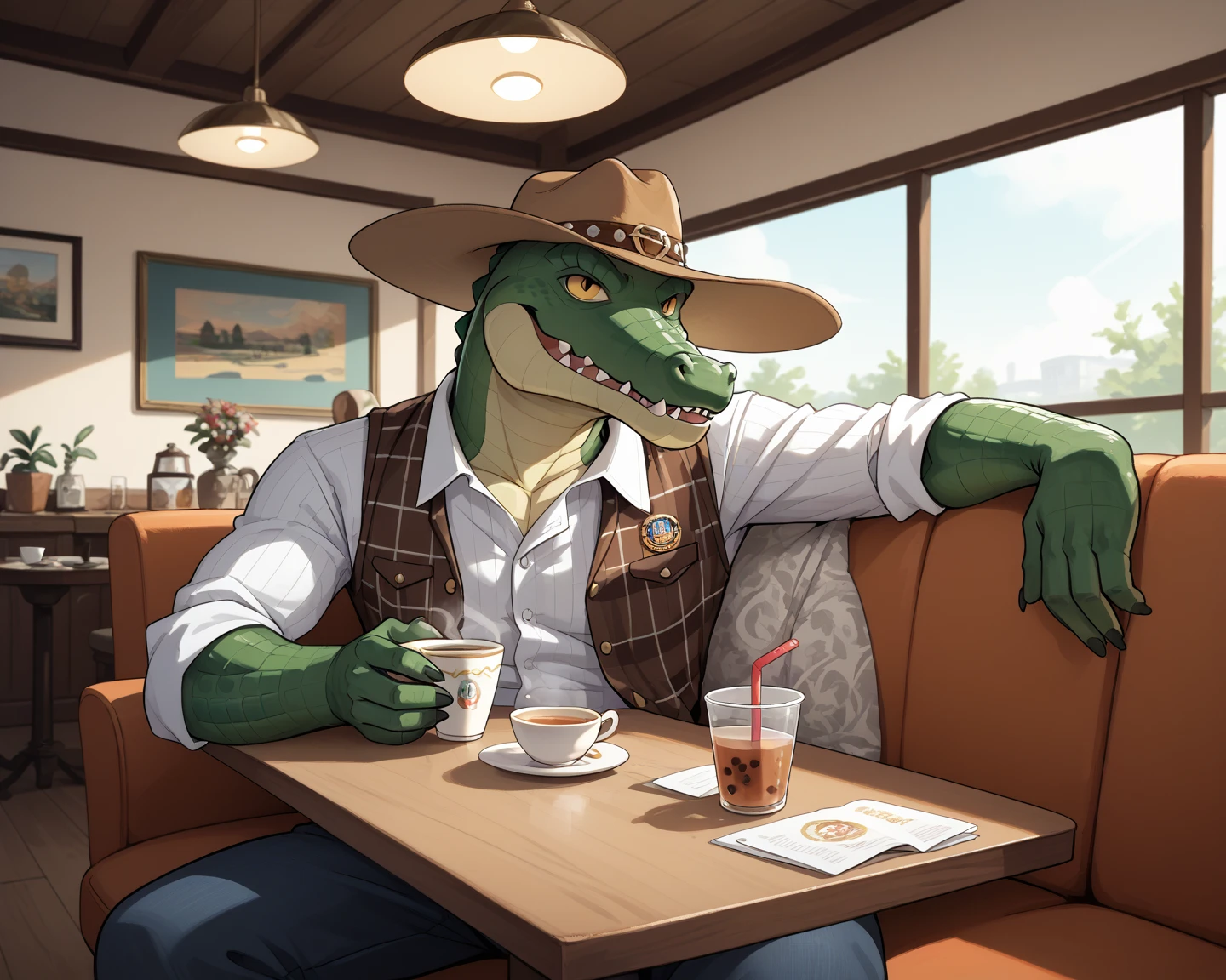 Crocodile head man wearing formula and cowboy hat sitting sipping tea, luxury room background