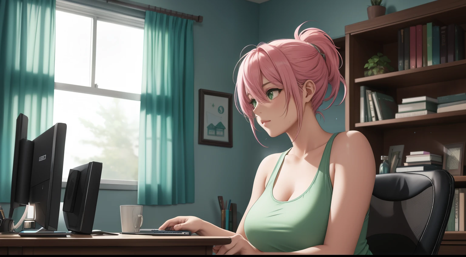 "A woman with pastel green and pink hair tied in a messy ponytail sits at her workspace, coding on a dual-monitor setup. She is wearing a black tank top and matching leggings, seated on a sleek gaming chair with pink accents. The room is dimly lit, illuminated softly by the glow of her monitors and a table lamp. A cup of coffee sits on her desk, with steam gently rising. Outside the large window to her right, the calm night sky is filled with twinkling stars and a bright, glowing moon casting a serene silver light into the room. The sheer curtains gently sway as a light breeze flows through. The background includes shelves filled with books and gadgets, creating a cozy and tech-savvy atmosphere. The tranquil night scene emphasizes focus, creativity, and calmness."