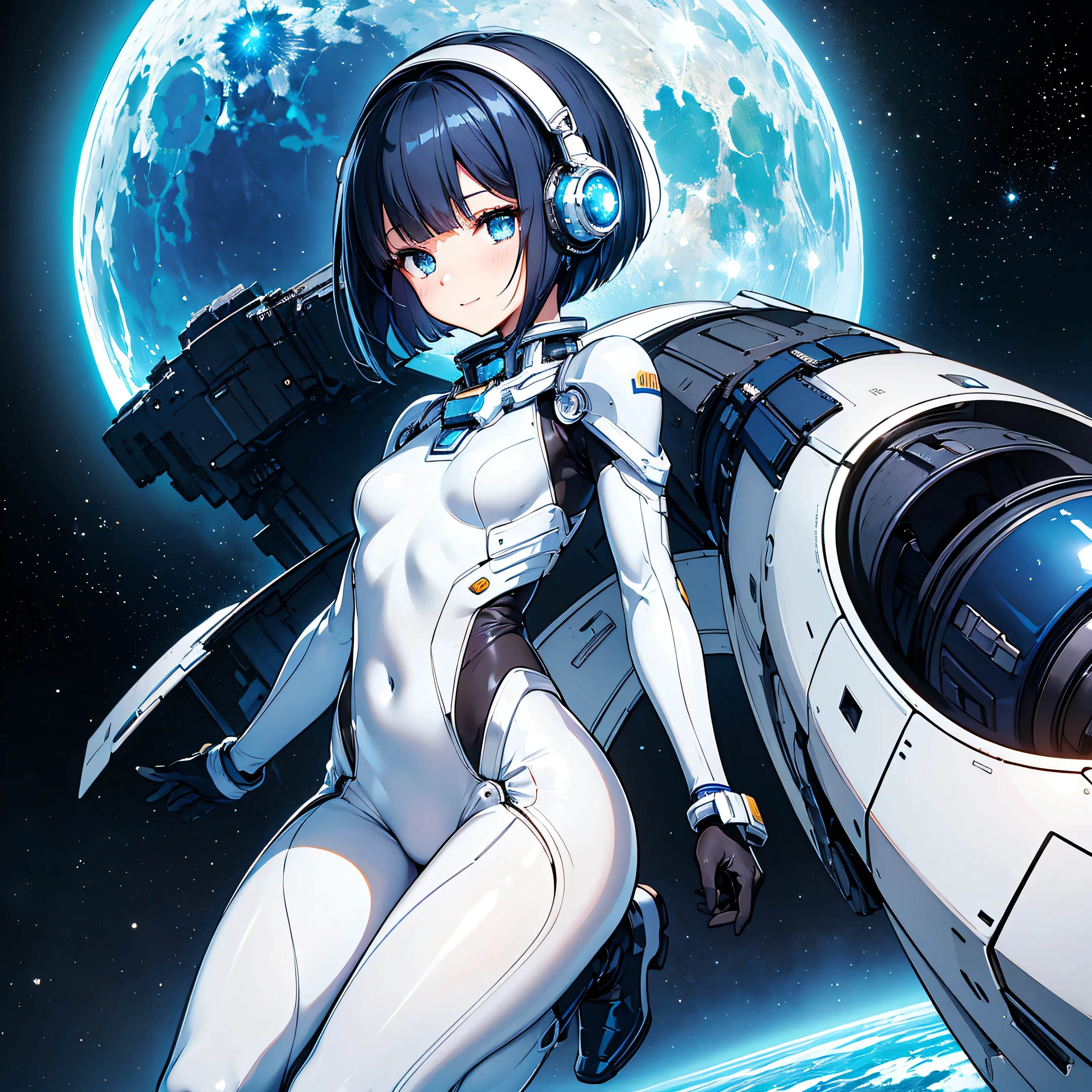 (masterpiece、 top quality 、 highest resolution、 clear_image、 Detailed Details): (Whole body、A 20 year old girl、Japanese Faces、 small face、 slender、 dark blue super short bob cut hair、(Hidden small breasts:1.3)、Sparkling blue eyes 、 white, blue, and black shiny pilot suit、Chest protection armor、Tight fitting clothes、Clothing that covers the whole body、Glamorous clothes、 tight fit pants 、Hide your skin、 very delicate and beautiful、Detailed Skin、Hide your thighs、Hide your ass、 cute、A gentle smile、Soft expression、heroine、 headset、 long boots、Elbow-length gloves、 eye level shot、Peace talks between warring factions,attention arousal, Clever Blue Eyes,Face directly、 woman on a spaceship )、 background、Moon in the background、shiny pilot suit in white, blue and black colors with galaxy clouds on the background 