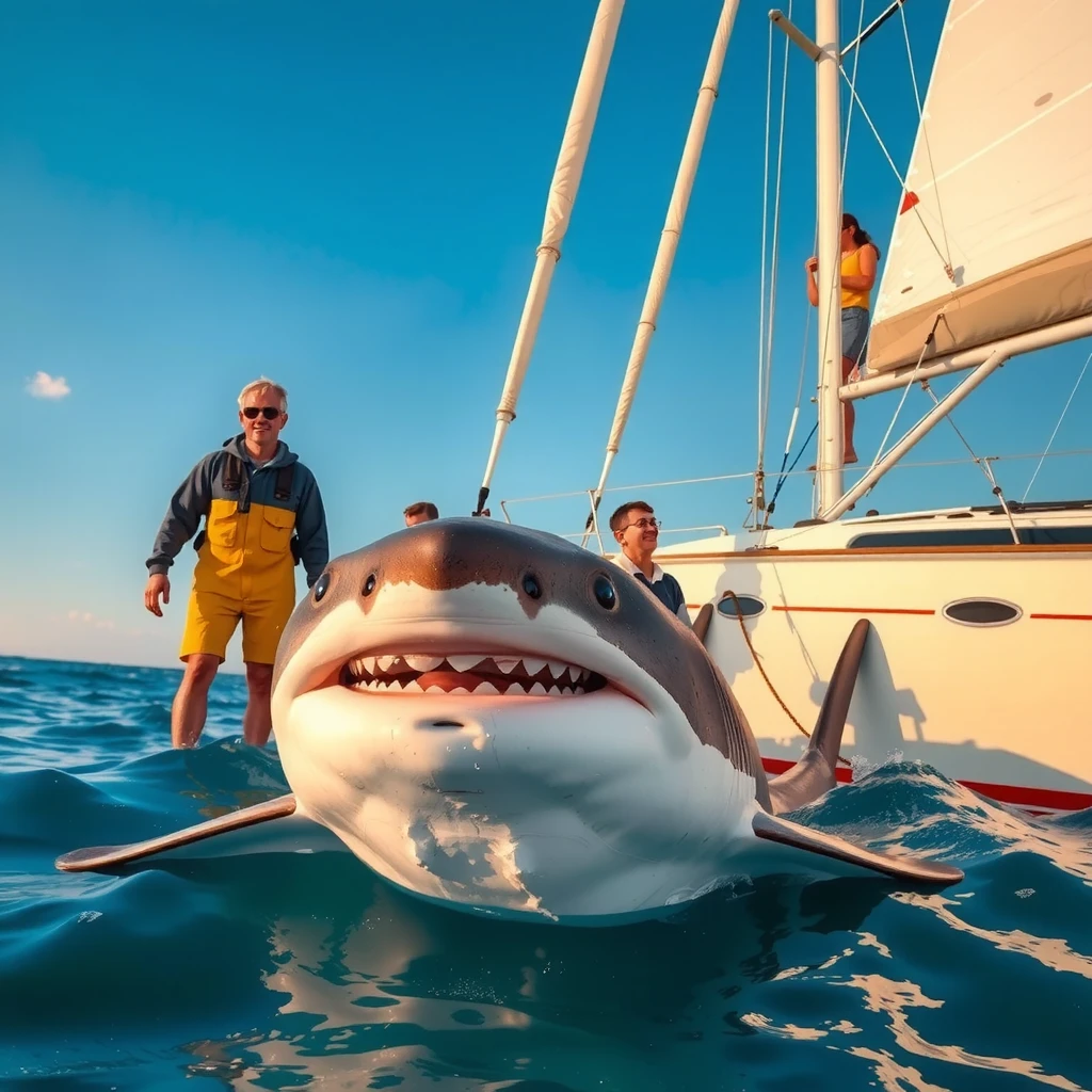 General shot of a smiling shark next to a sailboat, people and ren dressed in fishing clothes greet the shark, The sailboat is cream-colored ,  with a red stripe on the top of the bow, Sunny day, calm sea,
