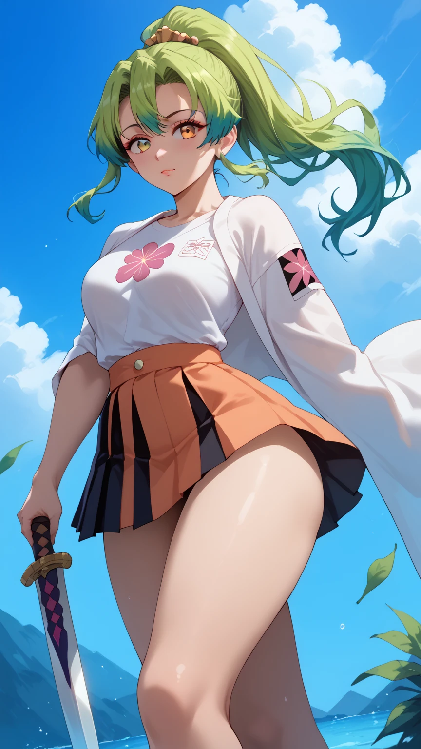 ((best quality)), masterpiece, A full-body depiction of MItsuri Kanroji from Demon SLAYER WITH HERE Nichirin sword, with ponytail hair featuring PINK-GREEN hair, LONG HAIR STREAKED AT THE MIDDLE HAIR. She possesses a perfect body with notably large breasts, standing upright and making direct eye contact with the viewer. Mitsuri Kanroji is dressed in an orange slim-fit t-shirt and a skirt, with her arms elegantly positioned behind her back, showcasing long, enticing legs.