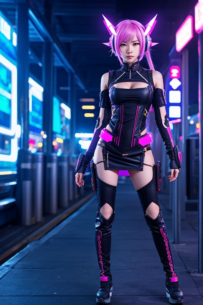 a beautiful young girl, cybergoth style, sensual pose, party outfit, detailed facial features, intricate makeup, neon lights, glowing neon accents, cinematic lighting, hyper-realistic, 8k, full body, photorealistic, masterpiece, award-winning digital art