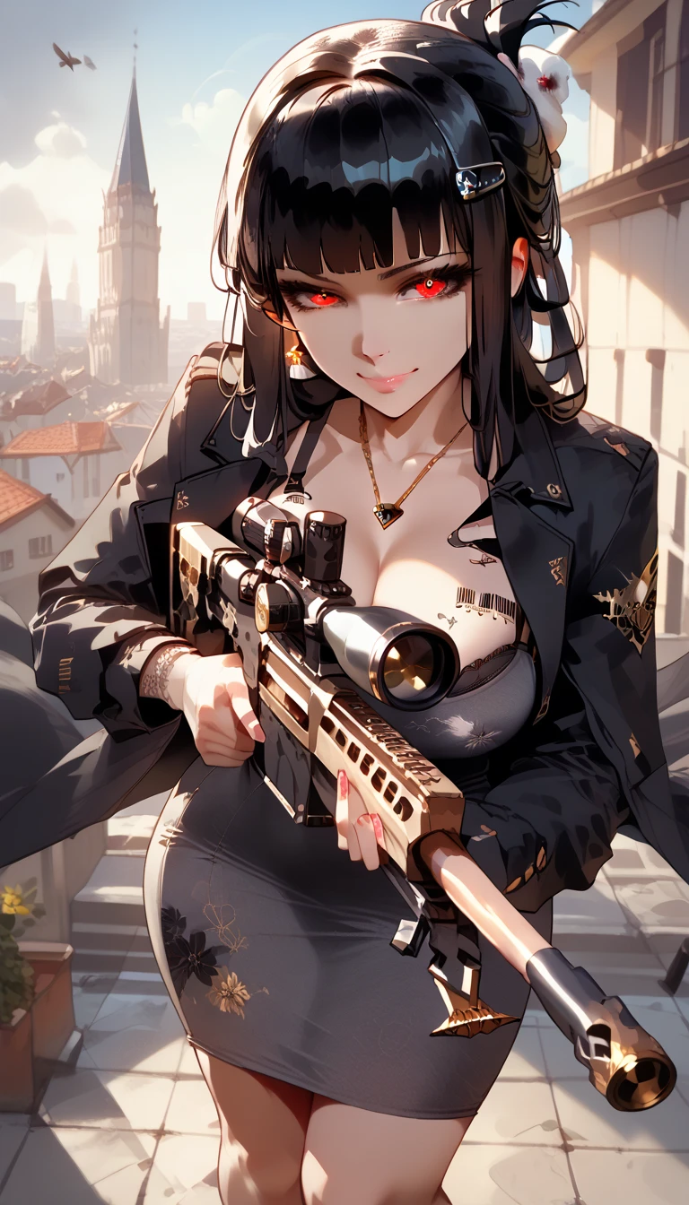 ultra-detailed, 1girl, dwife, (best quality), ((masterpiece)), (highres), 16K, perfect face, black hair, long hair, blunt bangs, hairclip, hair ornament, sidelocks, red eyes, necklace, grey dress, jacket, off shoulder, black bra, barcode tattoo, arm tattoo, black thong, busty body, large breasts and a beautiful ass, showcasing cleavage, legs, hips, (holding Sniper Rifle), looking at viewer, smile, detailed hair, detailed full body, standing on rooftop