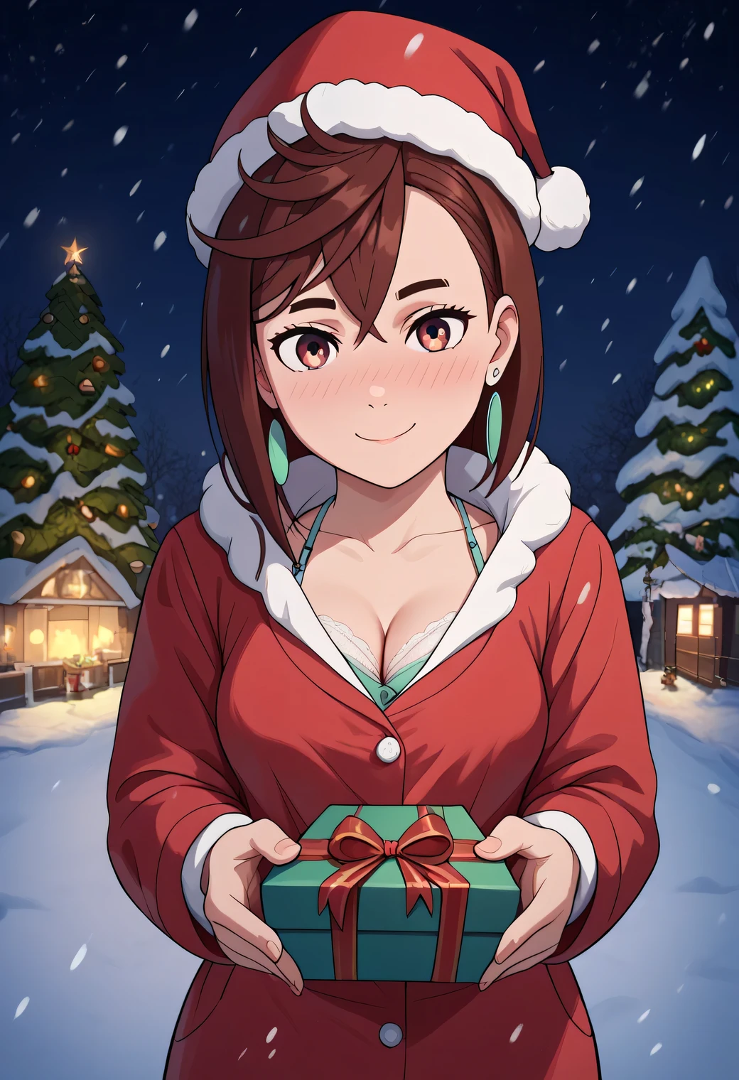 momo ayase, short hair, brown hair, brown eyes, bangs, thick eyebrows, medium breasts, earrings, complex background:1.2), full-face blush, smile, looking at viewers, detailed light, long hair, cowboy shot, winter coat, tilt head, incoming gift, box, (outdoor, winter, snow, night) SOLO, 1girl, bra, RED FACE, santa claus costume, chrismast concept, CHRISMAST CONCEPT, holiday theme, holiday costume, winter, outdoor, christmas tree, santa claus costume, santa claus hat, WINTER, snowing, snow, SNOWING, CLEAVAGE
