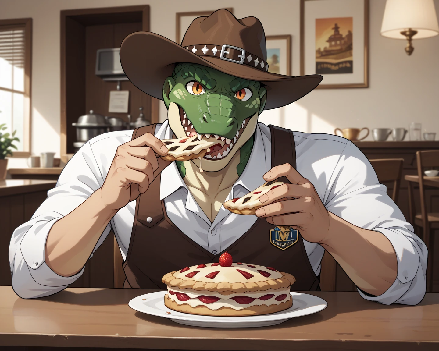 Crocodile head man wearing formula and cowboy hat sitting eating pie luxury room background