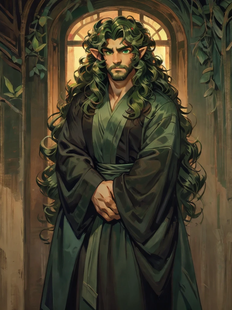 ((masterpiece)), ((one man)), man, man in late 30s, light skin, dark green eyes, detailed eyes, elve ears, dark green hair, long hair, long curly hair, ((curly hair)), curly hair, tall, handsome, mature, muscular, black kimono,
