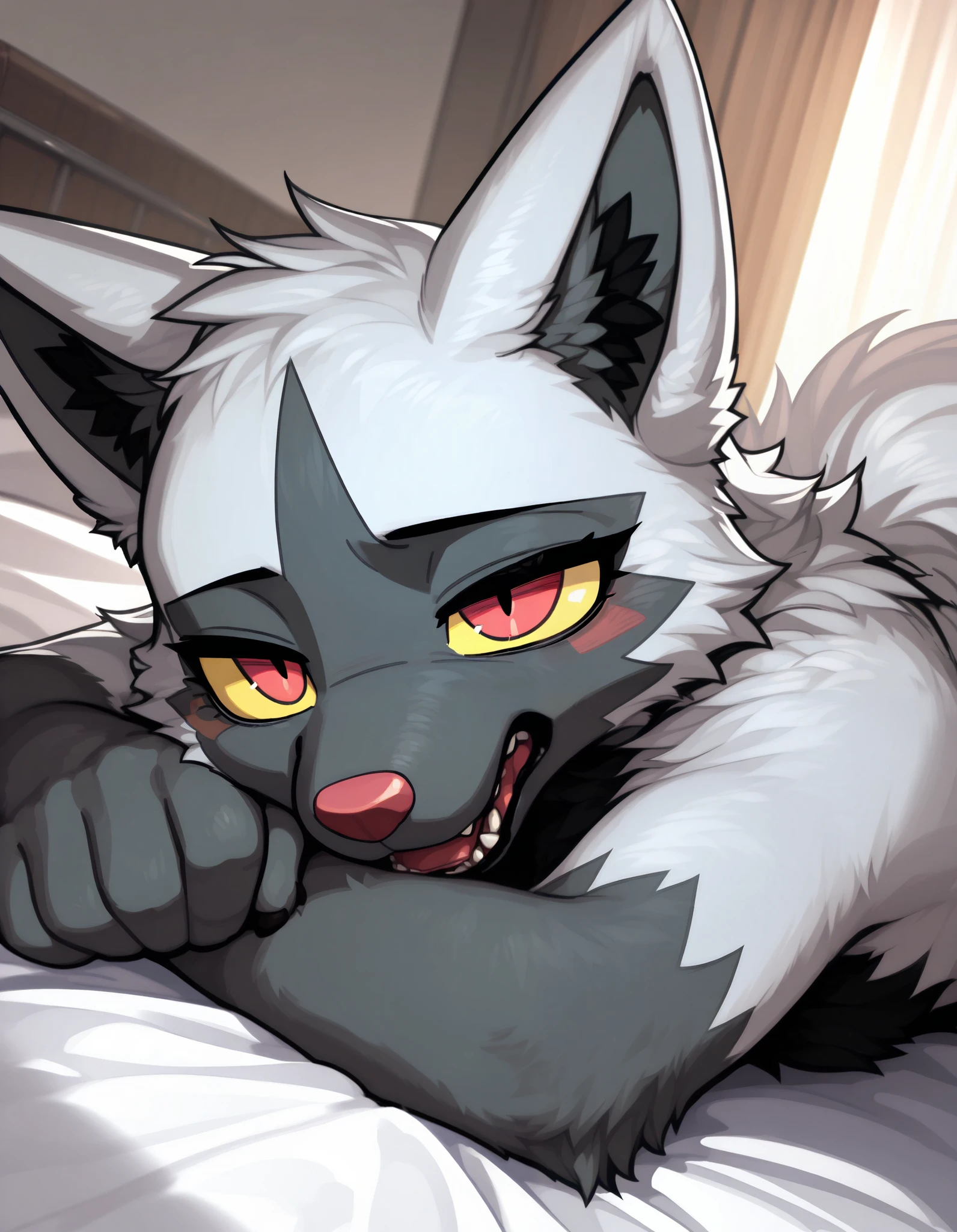 solo, *** girl Poochyena, lying on stomach on a bed, 8K, high-detailed fur, sleepy face, snout