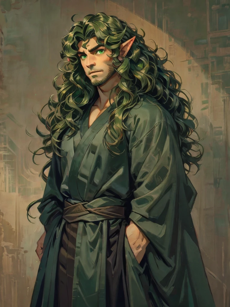 ((masterpiece)), ((one man)), man, man in late 30s, light skin, dark green eyes, detailed eyes, elve ears, dark green hair, long hair, long curly hair, ((curly hair)), curly hair, tall, handsome, mature, muscular, black kimono,
