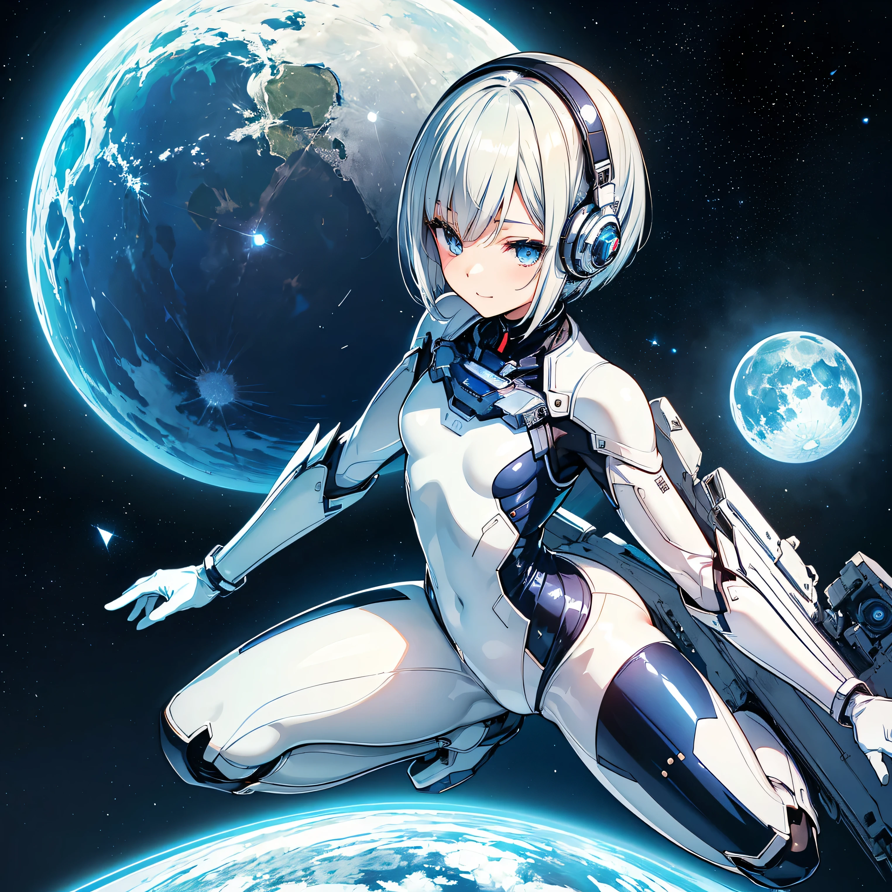 (masterpiece、 top quality 、 highest resolution、 clear_image、 Detailed Details): (Whole body、A 20 year old girl、Japanese Faces、 small face、 slender、 dark blue super short bob cut hair、(Hidden small breasts:1.3)、Sparkling blue eyes 、 white, blue, and black shiny pilot suit、Chest protection armor、Tight fitting clothes、Clothing that covers the whole body、Glamorous clothes、 tight fit pants 、Hide your skin、 very delicate and beautiful、Detailed Skin、Hide your thighs、Hide your ass、 cute、A gentle smile、Soft expression、heroine、 headset、 long boots、Elbow-length gloves、 eye level shot、Peace talks between warring factions,attention arousal, Clever Blue Eyes,Face directly、 woman on a spaceship )、 background、Moon in the background、shiny pilot suit in white, blue and black colors with galaxy clouds on the background