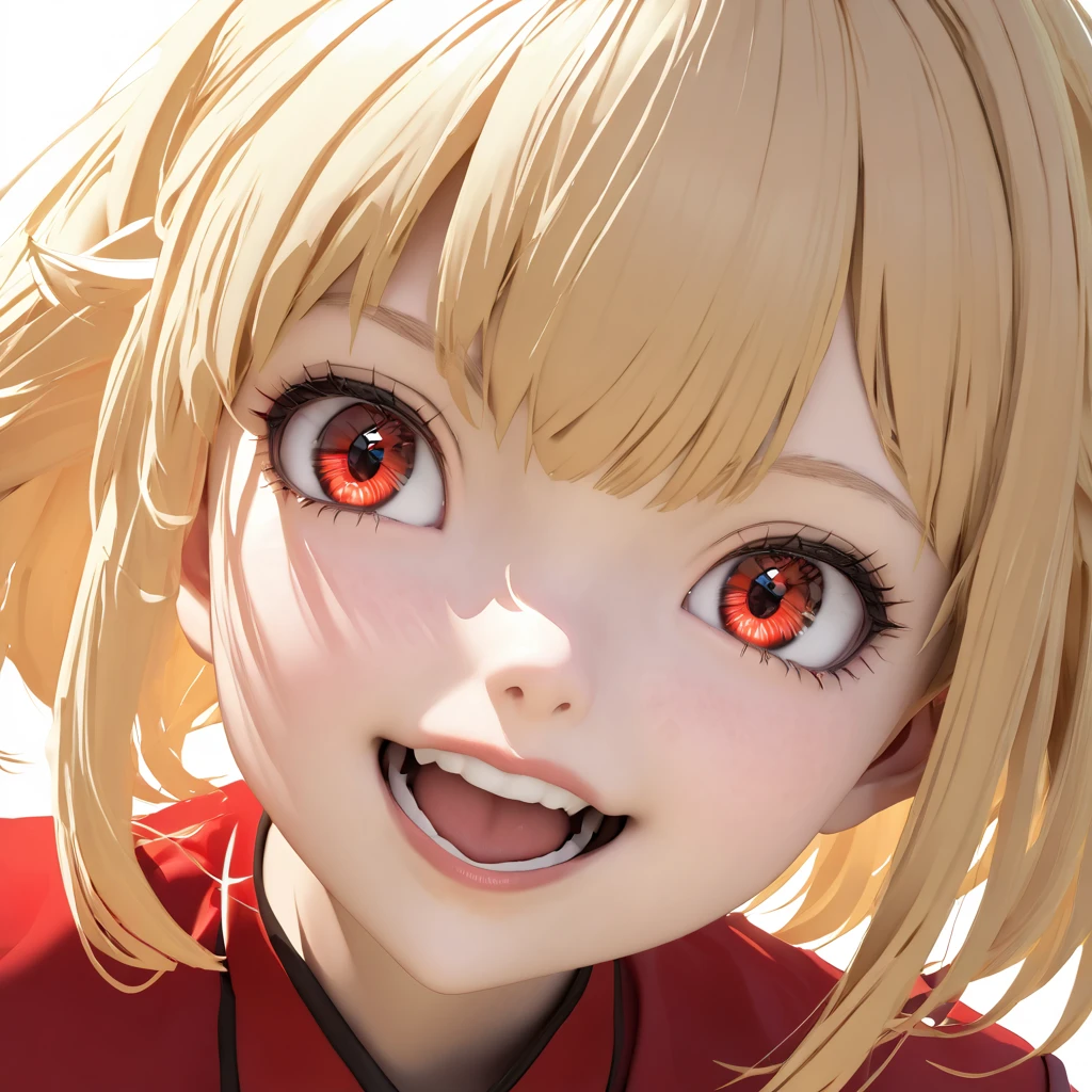 Blonde hair and red eyed girl posing for a photo, Chisato Nishikigi, facing forward, realistic girl rendering, bob hair, bust up, mouth open, smiling, Fate/Stay Night-like style, cute 3D girl rendering, female protagonist, red uniform.