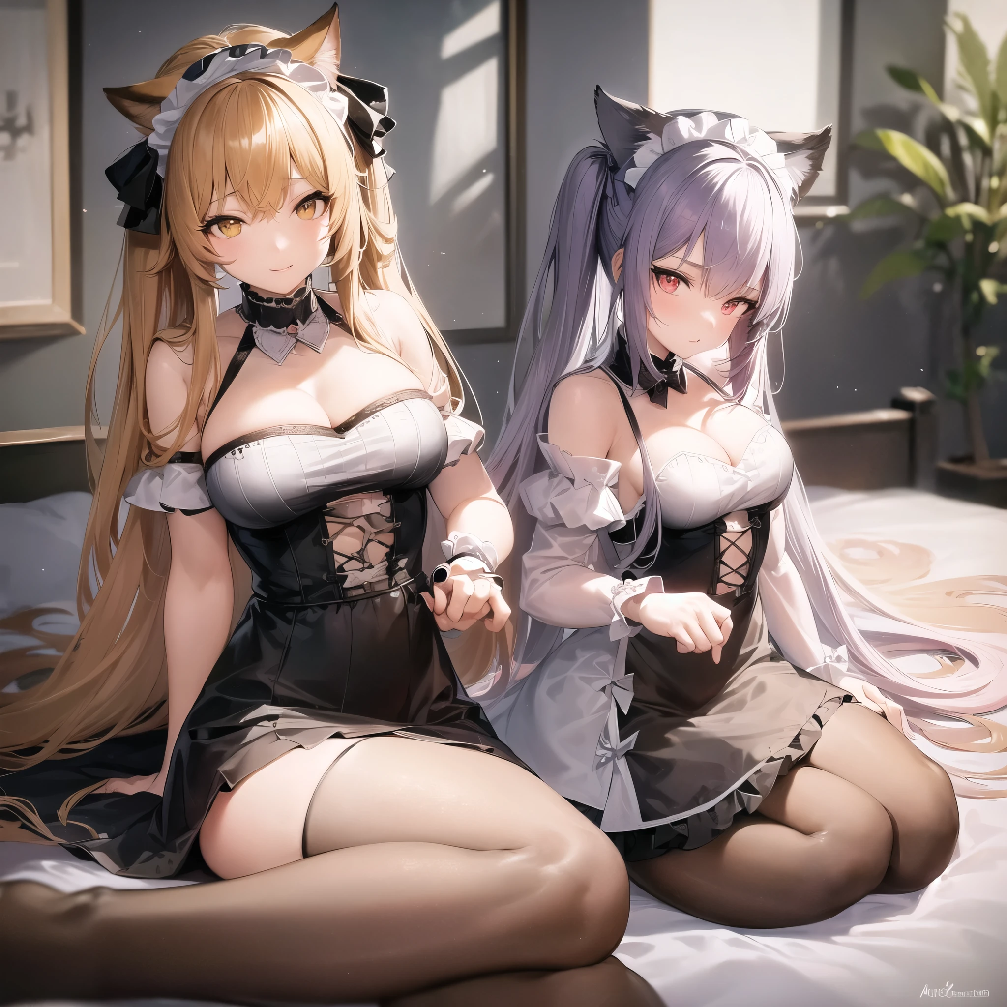 2 girls, lesbians, cat girls, risque pose, nsfw, blushing, nya pose, orgasm, big boobs, thick thighs, digital illustration, vibrant colors, soft lighting, perfect face, absurdres, ultrasharp, 8K, perfect hands, glowing effects, pixel effects, digital girl, gothic, lolita dress, short skirt, puffy skirt, lip mole, evil, maid dress