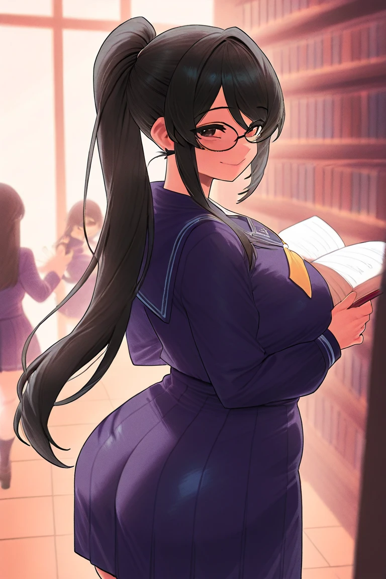 1 girl, alone, sumireko sanshokuin, (masterpiece: 1.2), best quality, high resolution, unity 8k wallpaper, (illustration), extremely detailed face, perfect lighting, extremely detailed CG, twin braids, hair over the shoulder, hair ornament, serafuku, blue eyes, looking at viewer, from behind, lips parted, full body, large breasts, medium waist, wide hips, medium thighs, round butt, pov (from below: 1.2) white ribbed sweater, glasses , school, library, standing, perfect hands, perfect anatomy