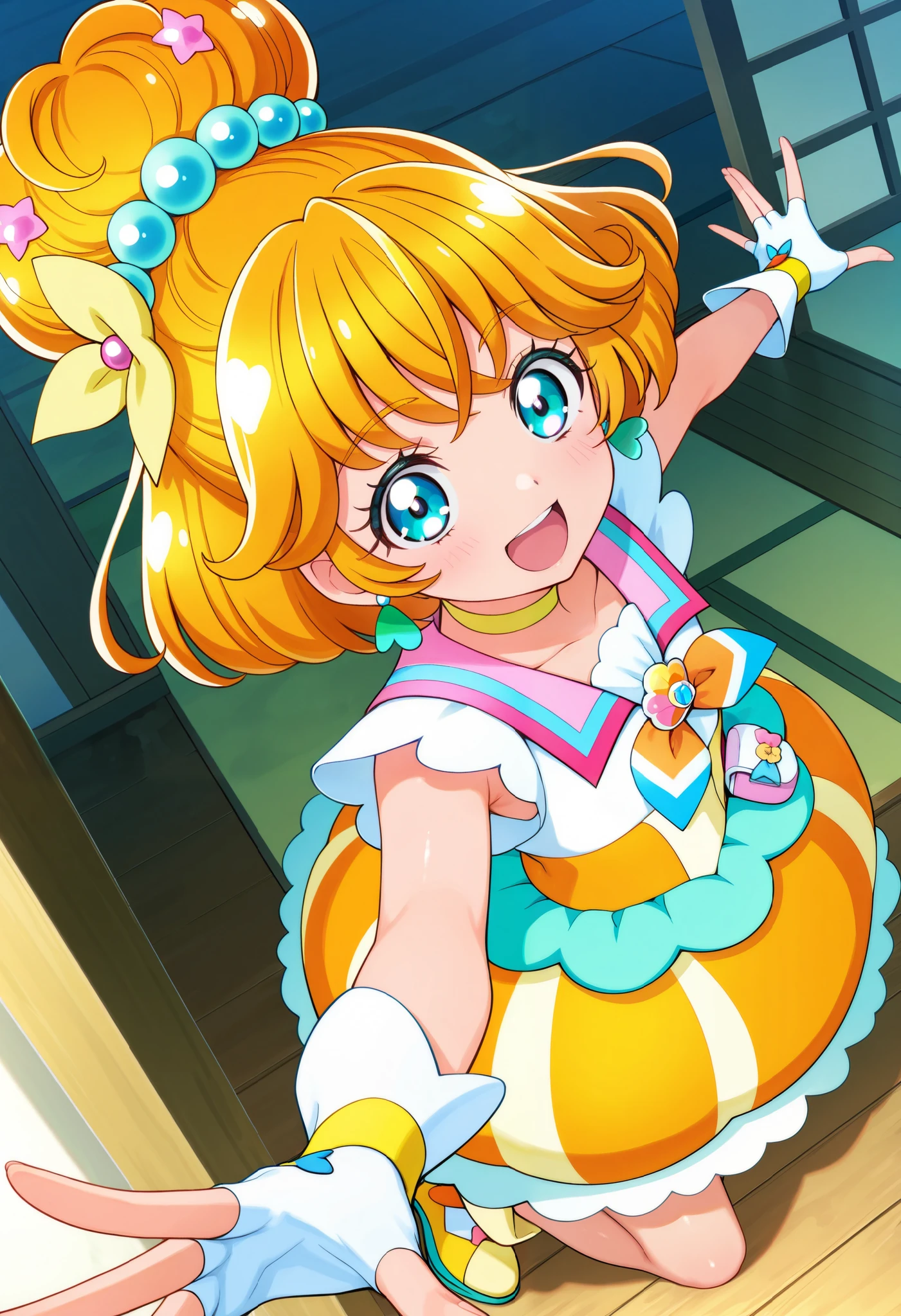 (masterpiece), (best quality), (ultra-detailed), amazing quality, very aesthetic, illustration, perfect composition, intricate details, absurdres, incredibly absurdres, 1girl, shiny skin, dynamic pose, perspective, solo, cure papaya, Tropical Rouge Precure,
bubble skirt, hair bun, fingerless gloves, ribbon, earrings, hair ornament, choker, porch, yellow footwear, smile, open mouth,