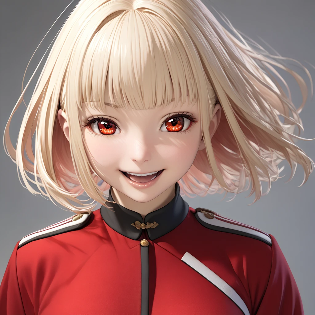 Blonde hair and red eyed girl posing for a photo, Chisato Nishikigi, facing forward, realistic girl rendering, bob hair, bust up, mouth open, smiling, Fate/Stay Night-like style, cute 3D girl rendering, female protagonist, red uniform.