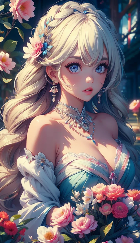 Ultra-high resolution (8K, Best quality), Highly detailed, Masterpiece:1.2, Amazing image of a beautiful woman, Delicate facial features, mesmerizing eyes, Mesmerizing lips, Flowing hair, An ethereal game of light and shadow, vivid vivid colors, Intricate floral elements, Seamless integration of fractal art, Rich and varied textures, Dreamlike atmosphere, Harmonious composition, dynamicposes, graceful movements, Lovely garden setting, Captivating perspective, magical ambiance, Surreal and engaging visual storytelling, Finely crafted brushstrokes, Meticulous attention to detail, Immersive、Lifelike depiction, Out of this world、Awesome artistic expression.