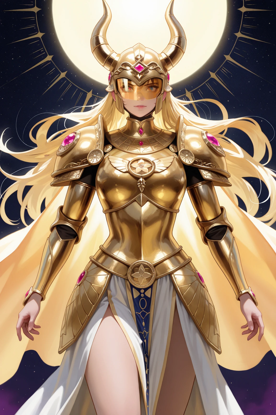 An ornate golden armor worn by the Aries Gold Saint, exuding celestial power and divine protection. The armor is crafted from radiant gold, shimmering with a mystical aura that embodies the constellation of Aries. Its design features intricate engravings of ram horns and star patterns, symbolizing strength and resilience. The helmet is crowned with curved horn-like protrusions, resembling a ram’s majestic head, and a gleaming visor that enhances the wearer’s focus and defense. The chest plate is broad and muscular, adorned with celestial motifs and a glowing core that pulsates with cosmic energy. The shoulders are protected by large, horn-shaped pauldrons that enhance the knight’s imposing presence. The arms and legs are covered in segmented golden plates, offering both agility and robust defense, with patterns that flow like celestial constellations. The back features a radiant cape-like extension, evoking a sense of divine authority. The entire armor glows faintly with the light of the cosmos, representing the balance and harmony of the zodiac. Set against a starry battlefield, this armor radiates the invincible power of the Aries constellation, combining elegance and destructive force.