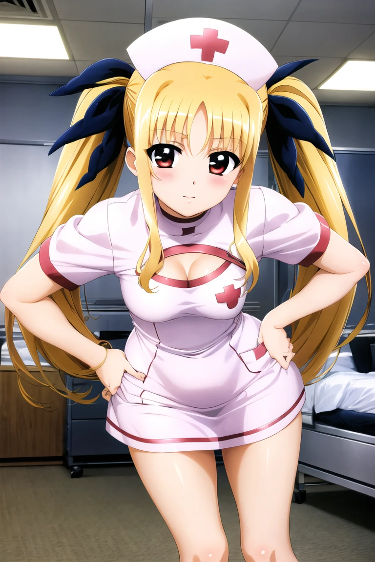 Fate Testarossa,megami magazine,long hair,blonde hair,twintails,hair ribbons,black ribbons,red eyes,small breasts,
((nurse,cleavage cutout,nurse cap,breast pocket,collared dress,short dress,short sleeves,thighs,white dress,white headwear)),
1loli,(is embarrassing,big blush,closed mouth:1.0),
((leaning forward,hand on hip:1.2)),
(hospital room:1.0),clothed