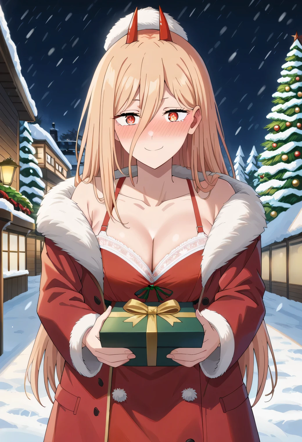 1girl, p0w3r0x1, long hair, blonde hair, red horns,demon pupils,  complex background:1.2), full-face blush, smile, looking at viewers, detailed light, long hair, cowboy shot, winter coat, tilt head, incoming gift, box, (outdoor, winter, snow, night) SOLO, 1girl, bra, RED FACE, santa claus costume, chrismast concept, CHRISMAST CONCEPT, holiday theme, holiday costume, winter, outdoor, christmas tree, santa claus costume, santa claus hat, WINTER, snowing, snow, SNOWING, CLEAVAGE