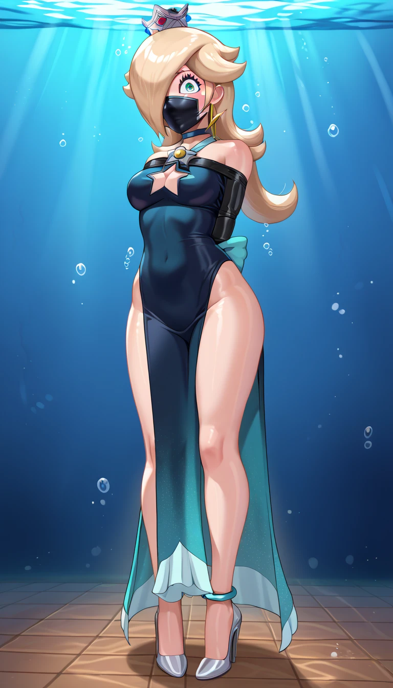 score_9, score_8_up, score_7_up, source_anime, 1girl, Rosalina, RslnSND, hair over one eye, crown, dark blue dress, bare shoulders, side slit, bracelet, clothing cutout, choker, cleavage cutout, pelvic curtain, high heels, full body, underwater lobby, shiny dress. solo, complete body view, looking at viewer, stand up, standing, from front, Open eyes, scared, front view, complete body view, (arms behind the back:1.3), (armbinder:1.3), (arms tied with armbinder), tight rubber mask, black tight mask, wrapped tight mask, tight black mask.