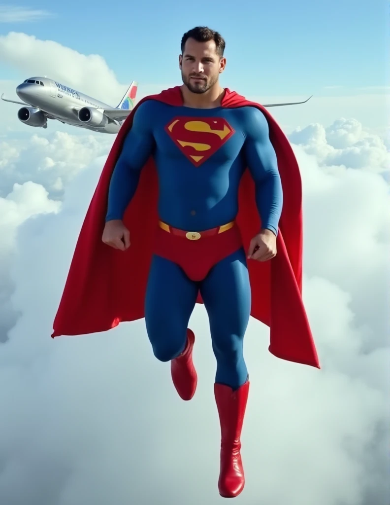 Superman is flying next to the jet plane on sky , faster than the jet plane. a buff man in a superman costume (think movie version of Superman-black undercut, blue tights and red cape and red boots and red briefs)