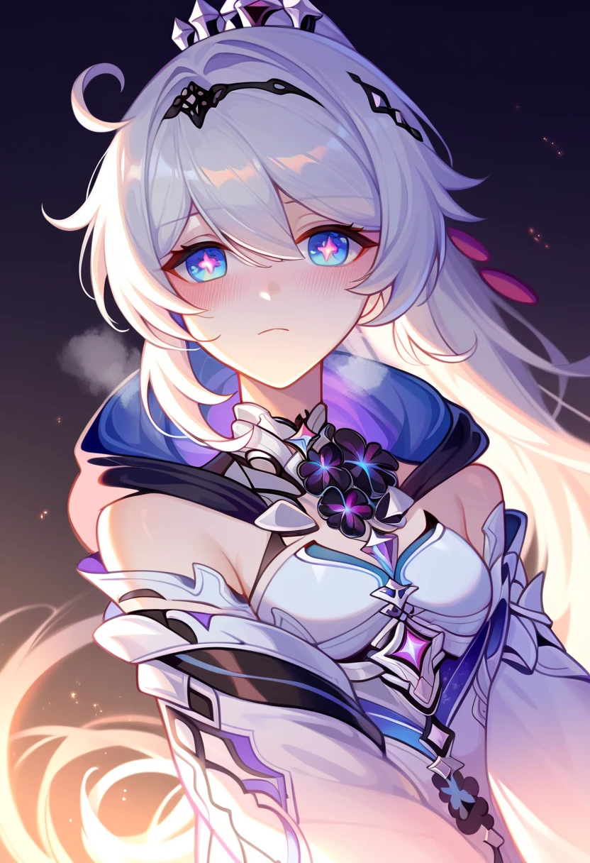 score_9, score_8_up, score_7_up, masterpiece, best quality, very aesthetic, absurdres, 1girl, adult grown woman, solo, kiana kaslana \(honkai impact 3rd\), herrscher of finality, white hair, ahoge, ponytail, very long hair, blue eyes, symbol-shaped pupils, blush, closed mouth, heavy breathing, hoodie, sleeveless hoodie, white shirt, oversized hoodie, black background, cowboy shot