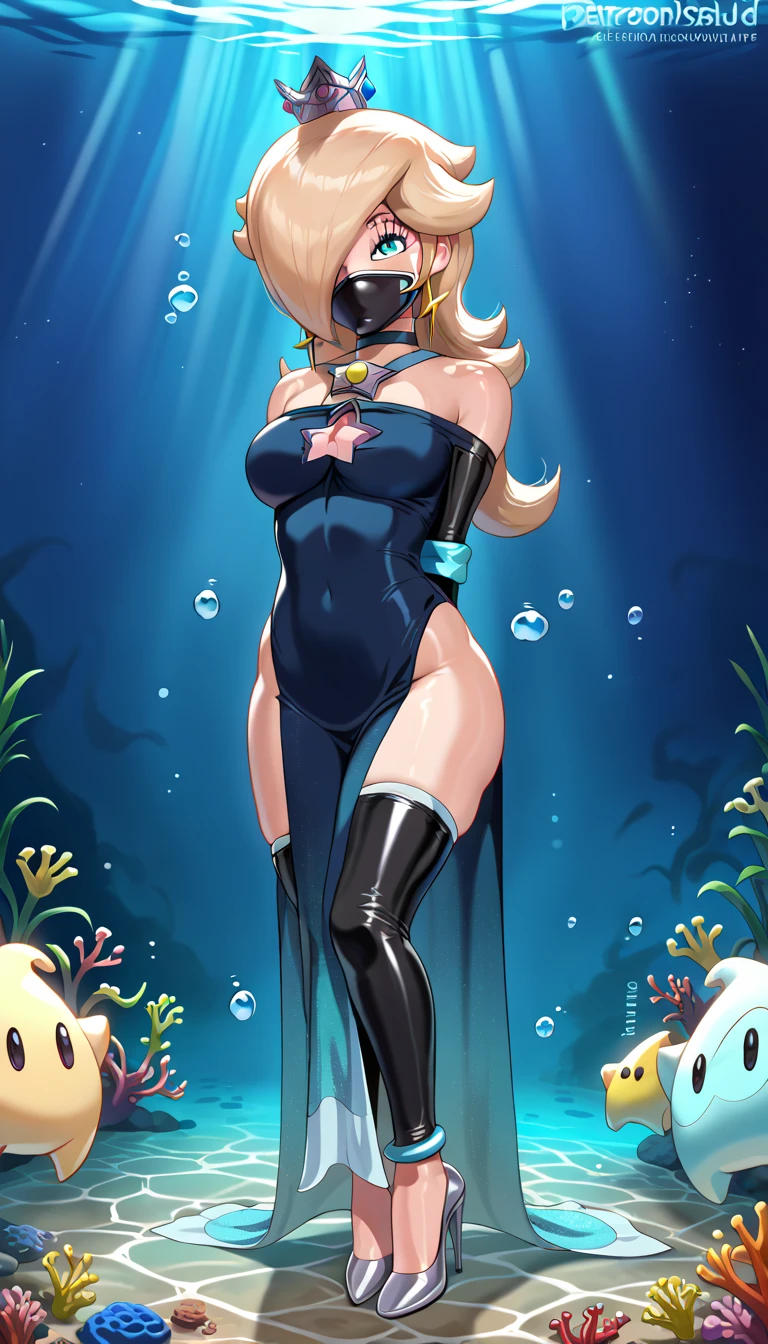 score_9, score_8_up, score_7_up, source_anime, 1girl, Rosalina, RslnSND, hair over one eye, crown, dark blue dress, bare shoulders, side slit, bracelet, clothing cutout, choker, cleavage cutout, pelvic curtain, high heels, full body, underwater lobby, shiny dress. solo, complete body view, looking at viewer, stand up, standing, from front, half closed eye, front view, complete body view, (arms behind the back:1.3), (armbinder:1.3), (arms tied with armbinder), tight rubber mask, black tight mask, wrapped tight mask, tight black mask.