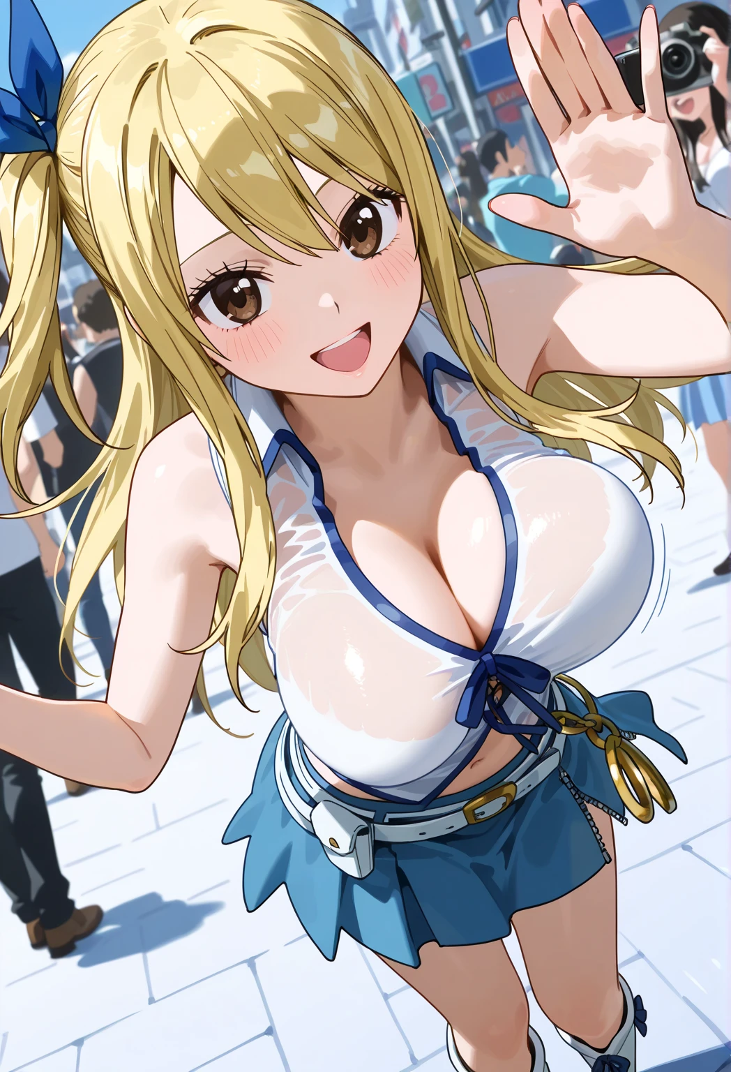   ultra-realistic pictures  、  RAW photo 、  realism、  3d rendering、 Unity Engine , BREAK  Lucy Heartfilia holding a gold key,   Lucy Heartfilia holding a gold key,Alone  ,  Blonde ,   brown eyes ,   long hair,  One side up, ribbon, hair ribbon, blue ribbon,   skirt,   shirt,Bare Skin,(Big Breasts:0.7) ,  boots,   sleeveless, open blue skirt, open  sleeveless   shirt, open white  shirt, zipper,bouncing breasts:1.2,hopeful, laughing, waving at the camera, fashion model posing, Viewers,   bust up, Alone,   Dutch Angle , Hanging breasts, cleavage, Upper Body Closeup, open see-through shirt:1.3, naked