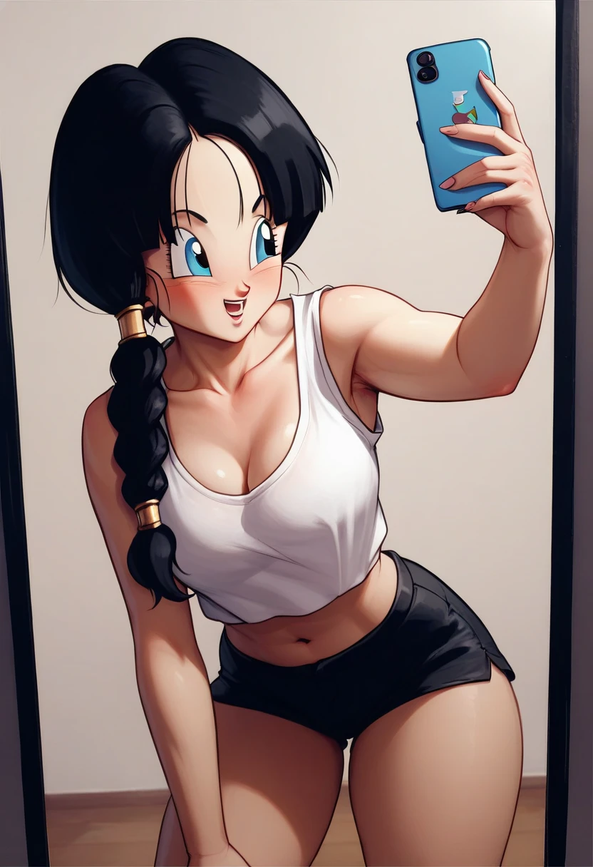 Vitel blue eyes black hair anime Dragon Ball Z medium tits healed abdomen thick thighs large short black shorts and short blouse White sexy cell phone in hand in front of the mirror taking sexy anime photo large black hair with braid