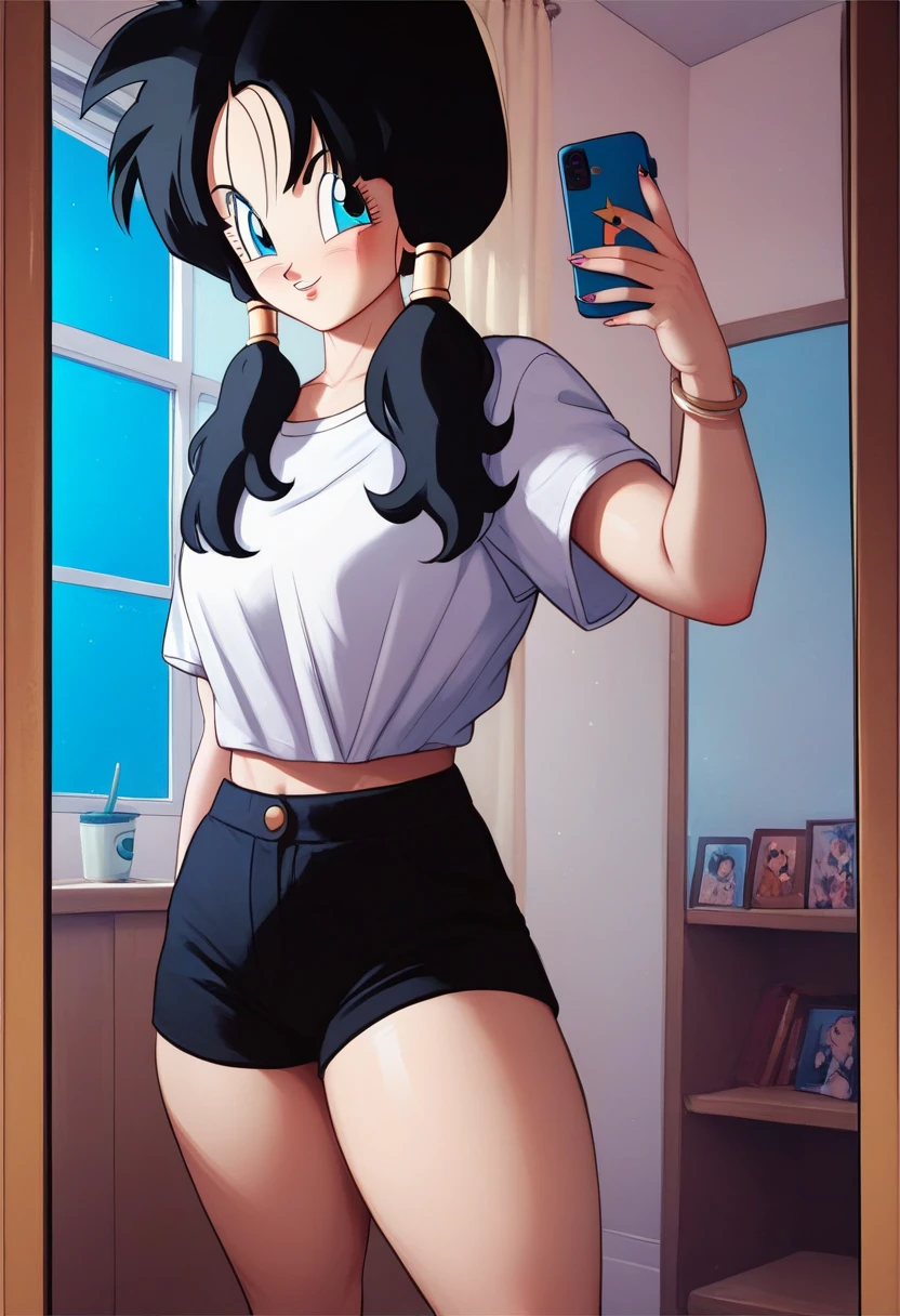 Vitel blue eyes black hair anime Dragon Ball Z medium tits healed abdomen thick thighs large short black shorts and short blouse White sexy cell phone in hand in front of the mirror taking sexy anime photo large black hair with braid