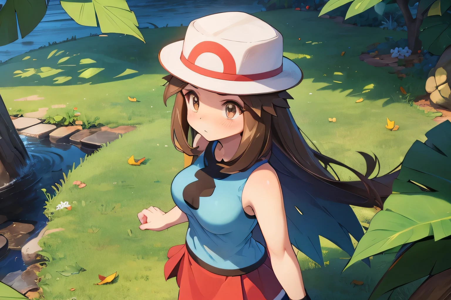 masterpiece, best quality, medium breasts, (curvy), cute, eyelashes, zzleaf, leaf (pokemon) brown eyes, brown hair, long hair, hat, long hair, blue shirt, sleeveless, wristband, red skirt, blue socks, white footwear,upper body,from above,scowl,blush,embarrassed,face focus