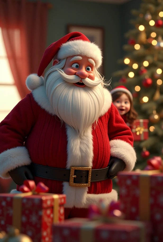 Super realistic 8K UHD image (((Masterpiece))), (((Best quality))), ((ultra definition)), of a Santa Claus, 3D Disney, smiling and fat, blue eyes. white hair and beard. red Santa Claus suit, leaving Christmas gifts by the tree in the living room, 1 3d disney girl, spying on him hiding excited, pretty bright face