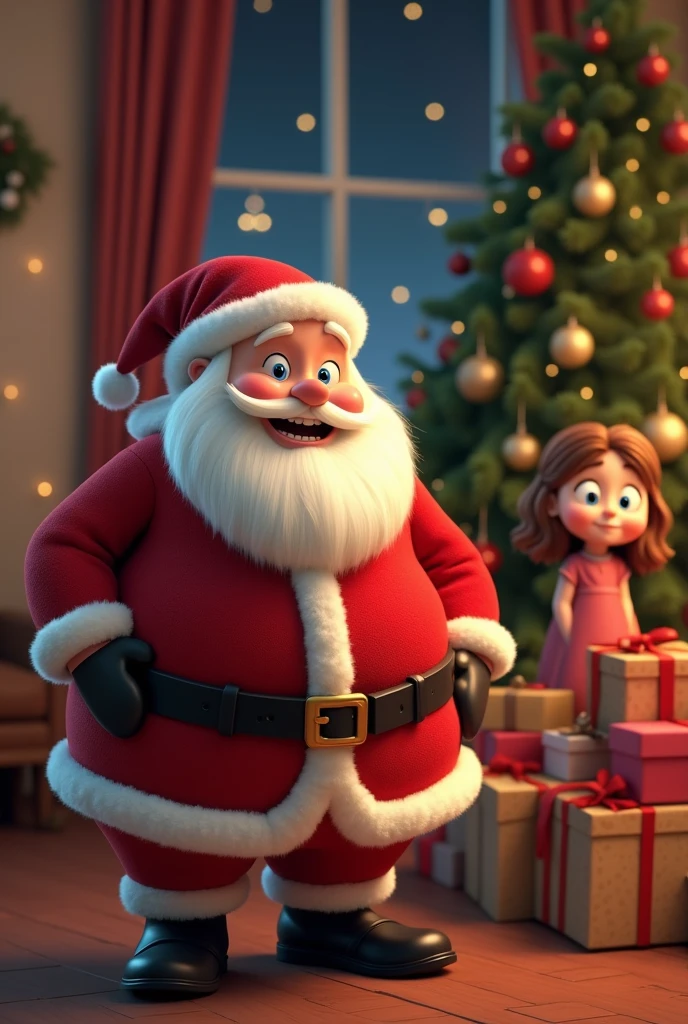 Super realistic 8K UHD image (((Masterpiece))), (((Best quality))), ((ultra definition)), of a Santa Claus, 3D Disney, smiling and fat, blue eyes. white hair and beard. red Santa Claus suit, leaving Christmas gifts by the tree in the living room, 1 3d disney girl, spying on him hiding excited, pretty bright face