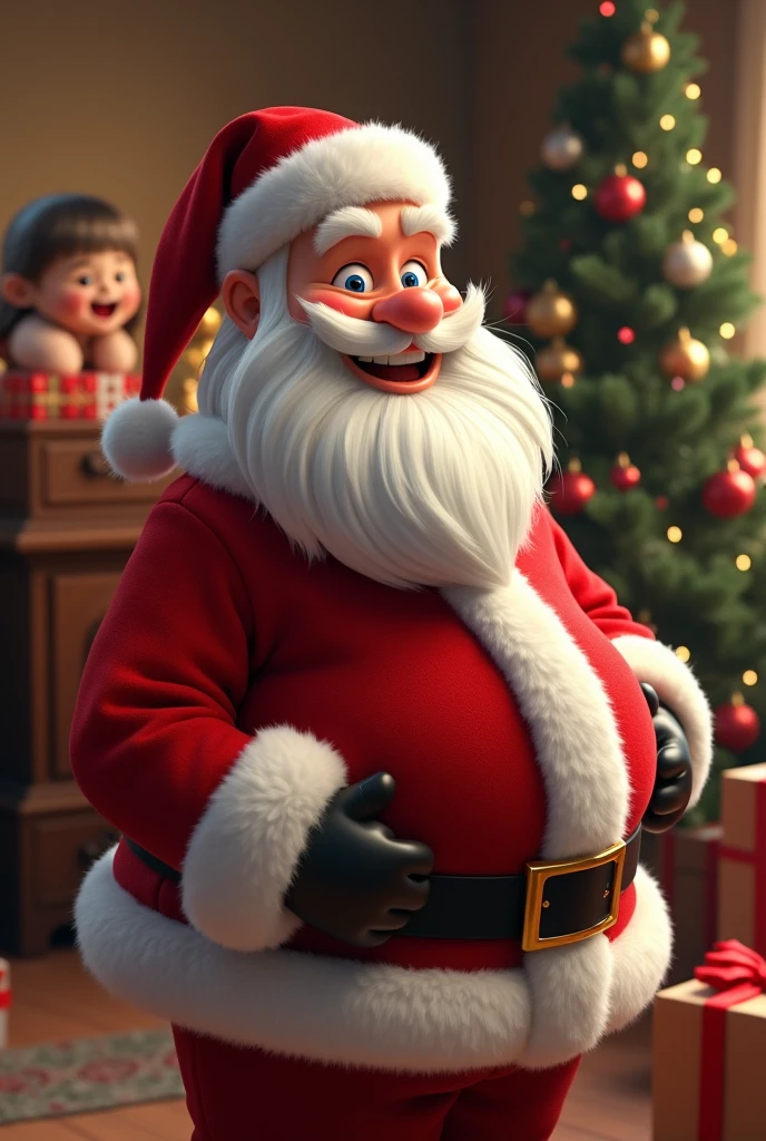 Super realistic 8K UHD image (((Masterpiece))), (((Best quality))), ((ultra definition)), of a Santa Claus, 3D Disney, smiling and fat, blue eyes. white hair and beard. red Santa Claus suit, leaving Christmas gifts by the tree in the living room, 1 3d disney girl, spying on him hiding excited, pretty bright face